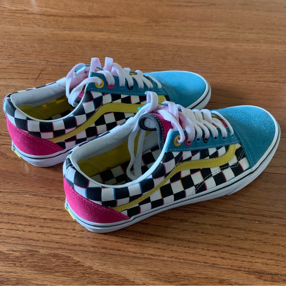 Vans Old Skool Blue, Yellow, and Pink Checkered Shoes “Crazy Checks Multi”